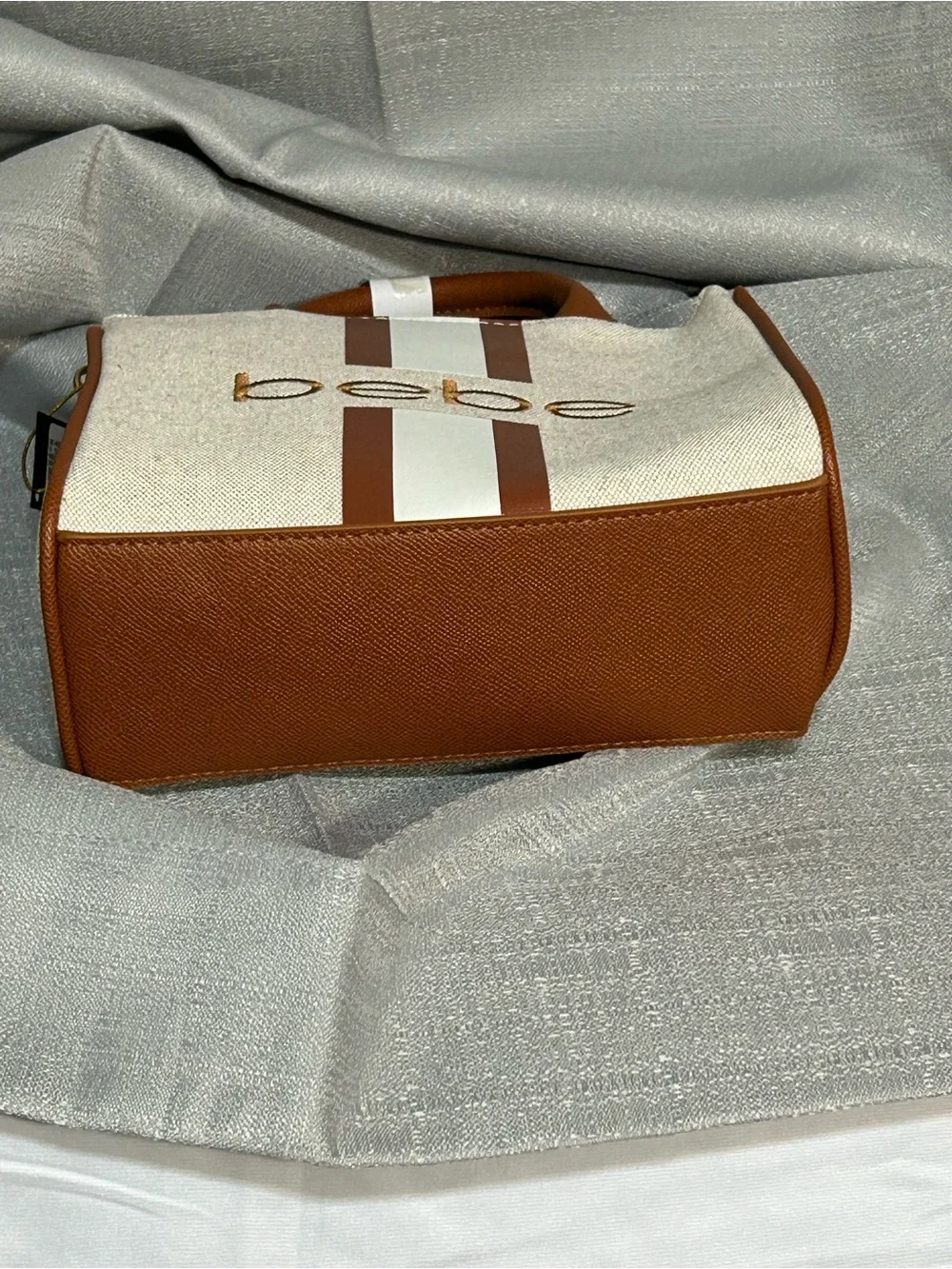 bebe Paisley Mini Canvas Satchel Crossbody Caramel/Cream & Tan with Tan Trim